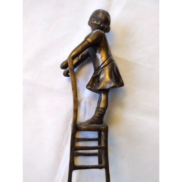 Set of Two (2) Doorstops 11" Girls Standing On Chair Bronze Statues - Picture 12 of 16